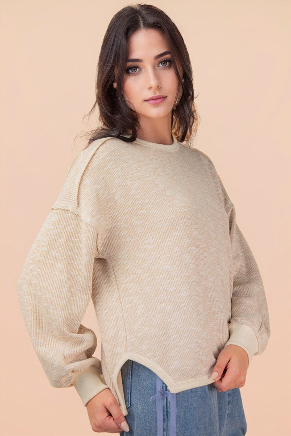 Oversized Printed Knit Long Sleeve - Beige Mix