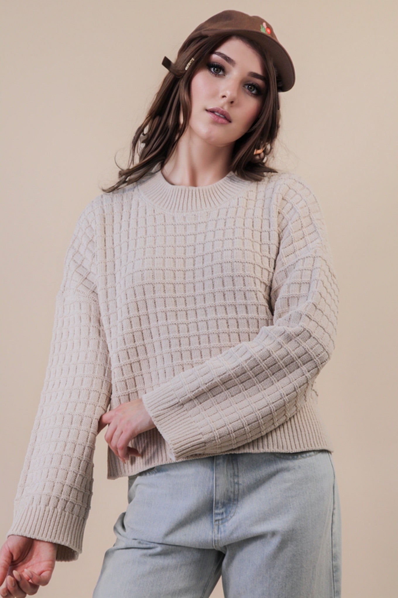 Oversized Textured Knit Sweater - Ecru
