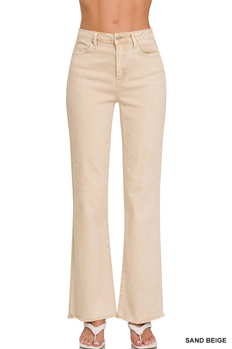 Acid Wash Frayed Cutoff Straight Wide Jeans - Sand Beige