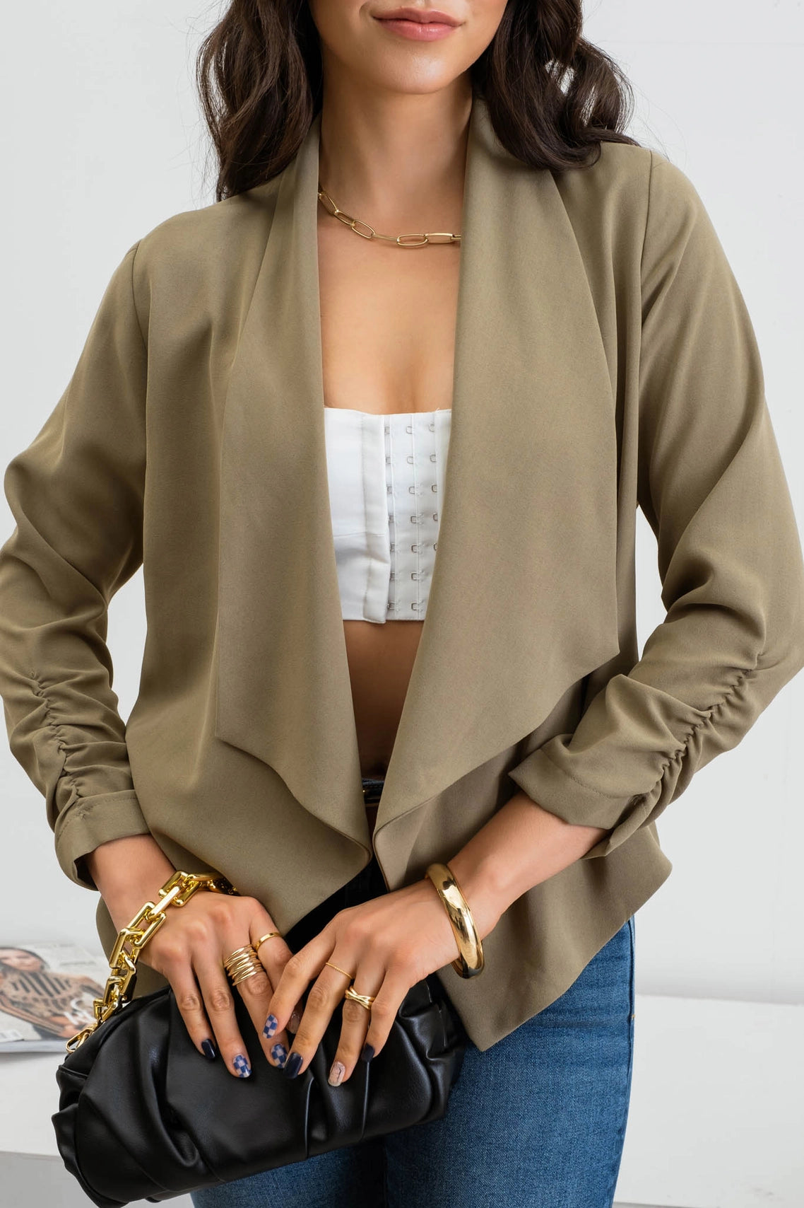 Olive 3/4 Ruched Sleeve Blazer