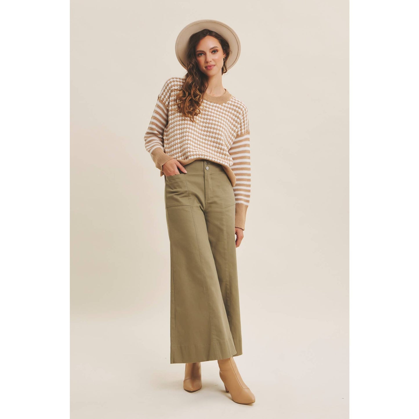 Relaxed Fit Textured Mix Stripe Sweater - Camel