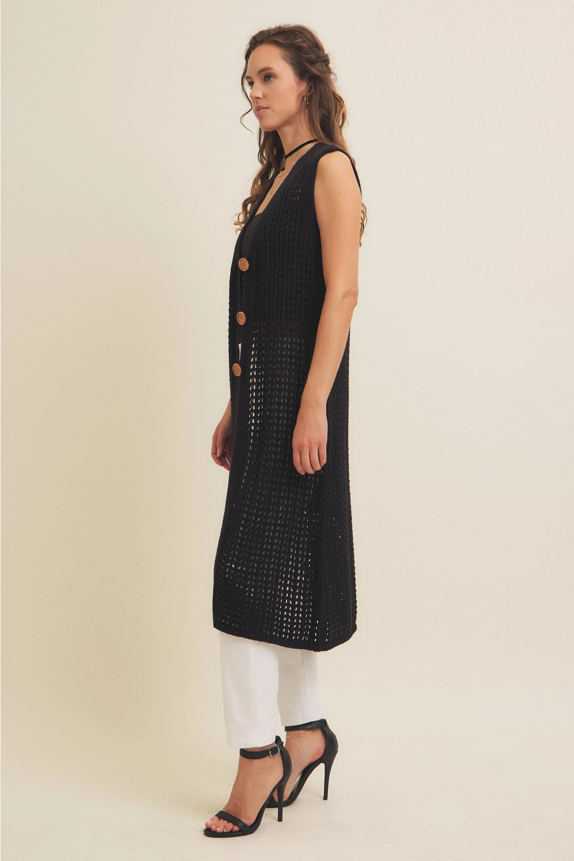 Button-Down Open Knit Midi Cardigan