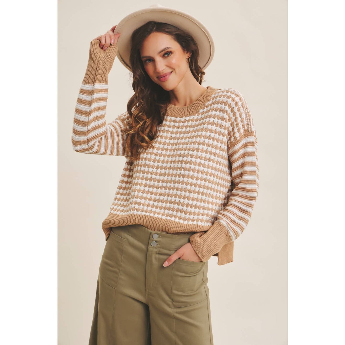 Relaxed Fit Textured Mix Stripe Sweater - Camel