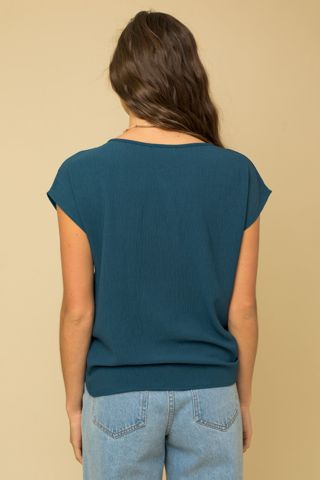 Teal Solid Woven Tee with Front Knot Detail