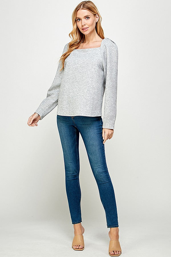 Boat Neck Textured Long Sleeve - Grey