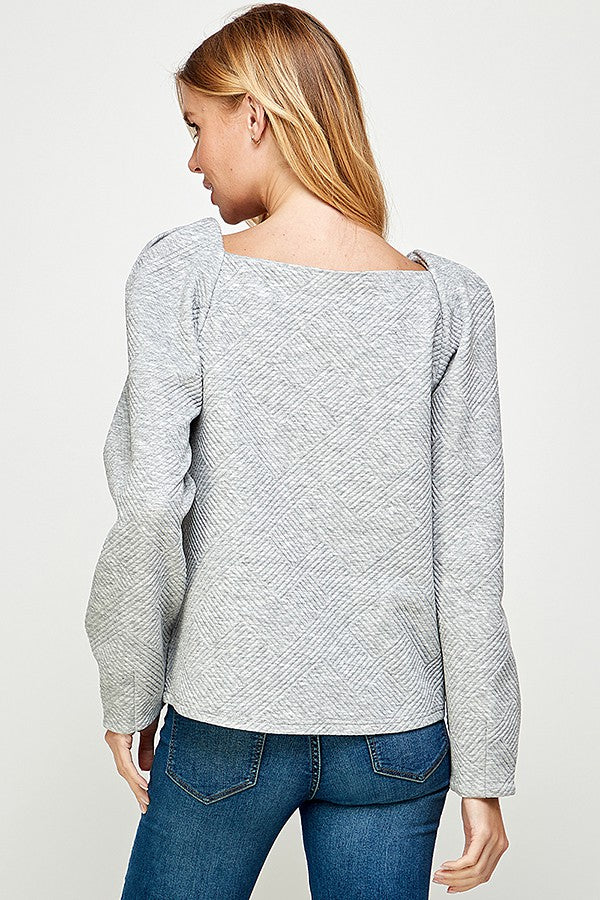 Boat Neck Textured Long Sleeve - Grey