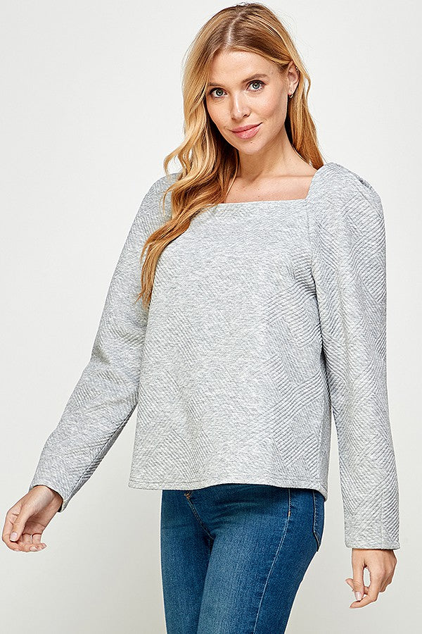 Boat Neck Textured Long Sleeve - Grey