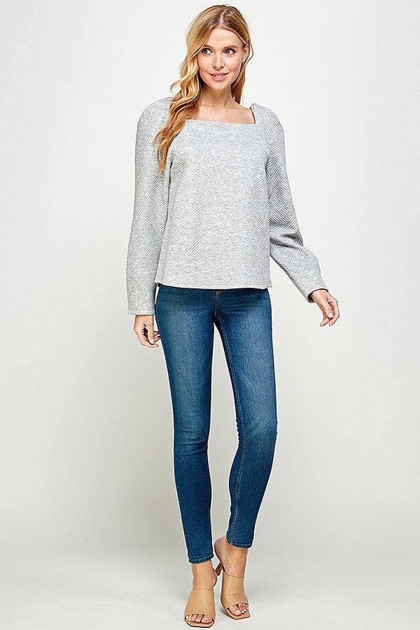 Boat Neck Textured Long Sleeve - Grey