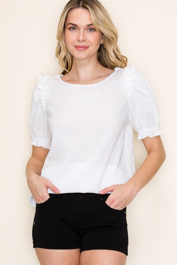 Ivory Ruffled Puff Sleeve Crinkled Top