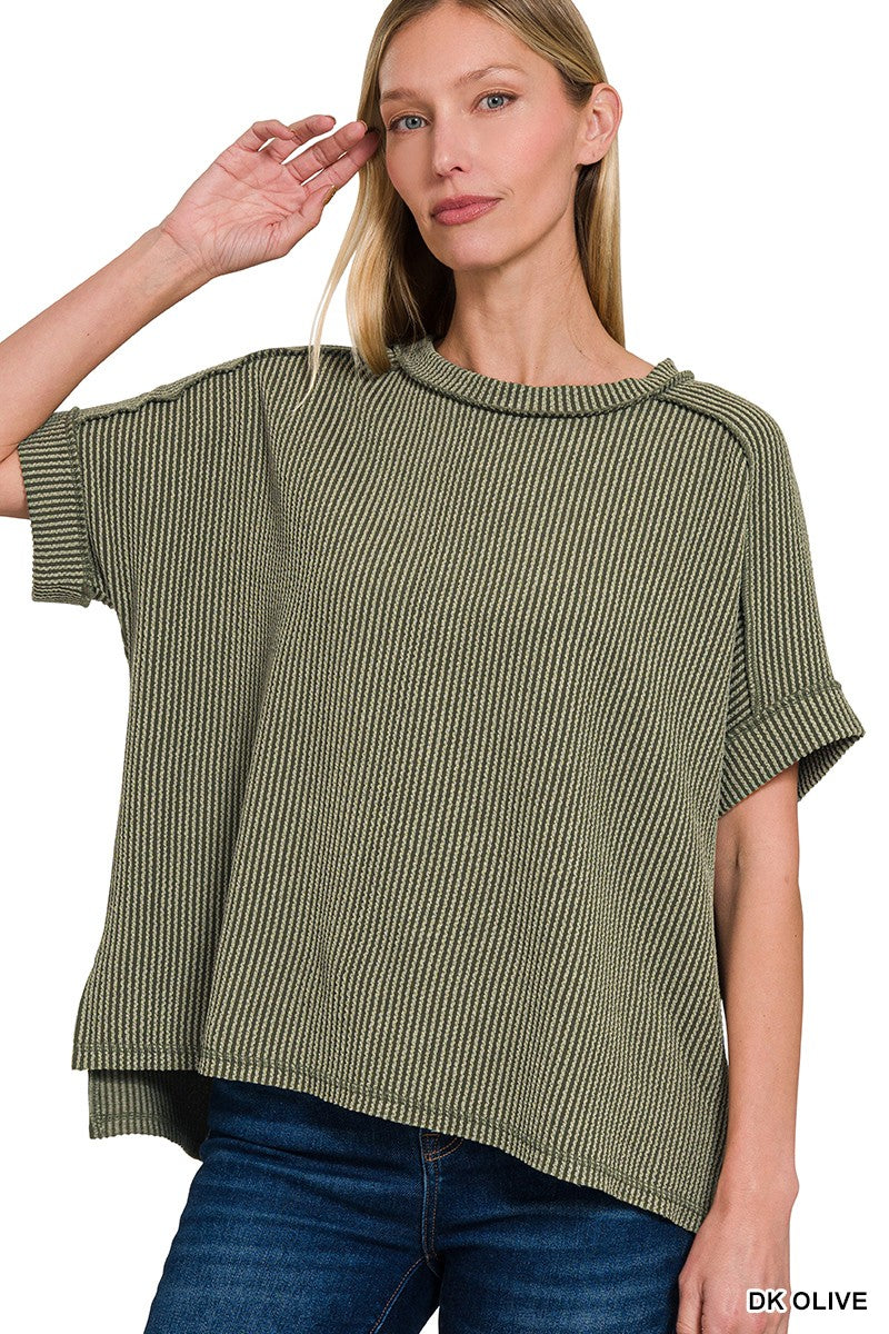 Ribbed Cuff Sleeve Raw Edge Top - Dark Olive