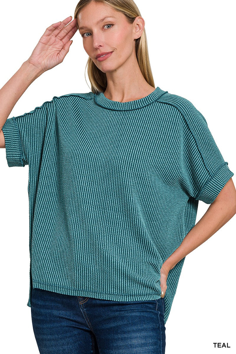 Ribbed Cuff Sleeve Raw Edge Top - Teal