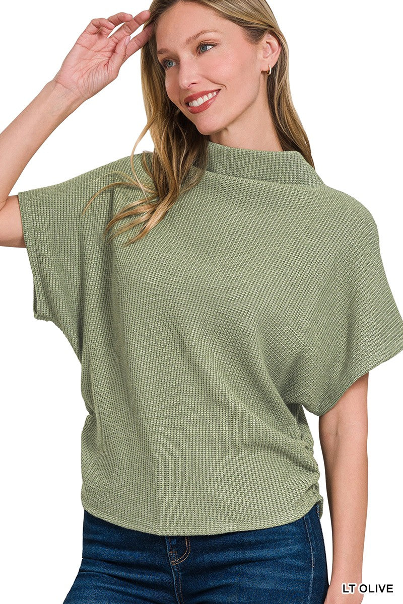 Mock Neck Short Sleeve Sweater - Light Olive
