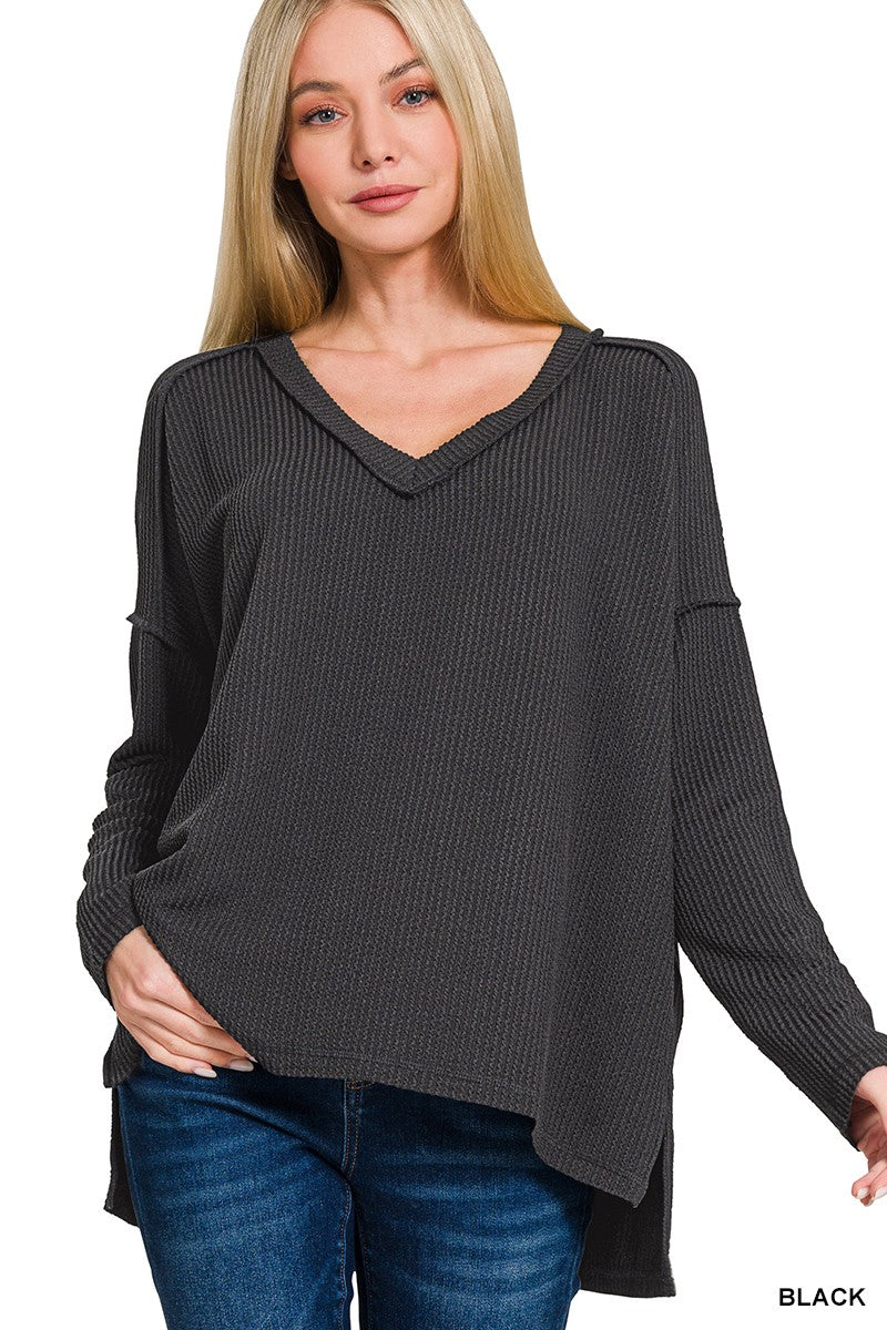 Ribbed Hi-Low V-Neck Long Sleeve - Black
