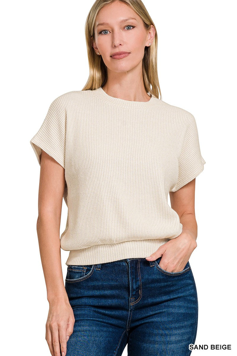 Banded Bottom Short Sleeve Sweater - Sand Beige
