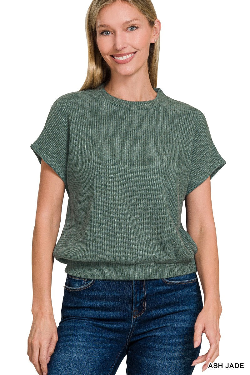 Banded Bottom Short Sleeve Sweater - Ash Jade
