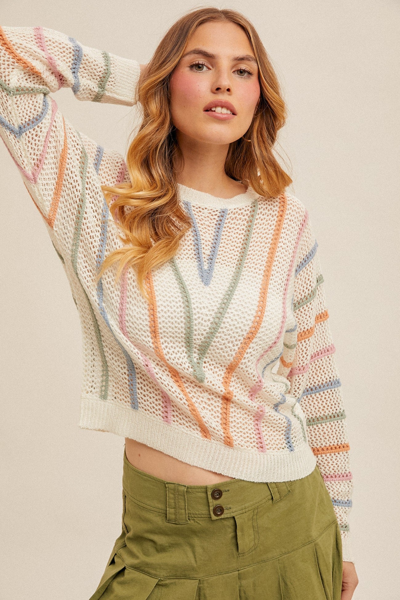 Multi Stripe Dolman Sleeve Fishnet Sweater