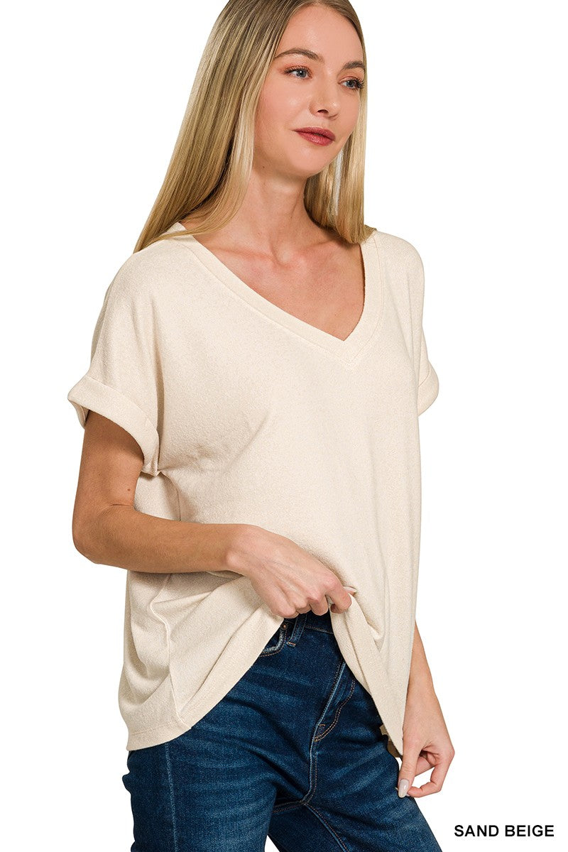 Soft Melange Hacci V-Neck Tee - Sand Beige