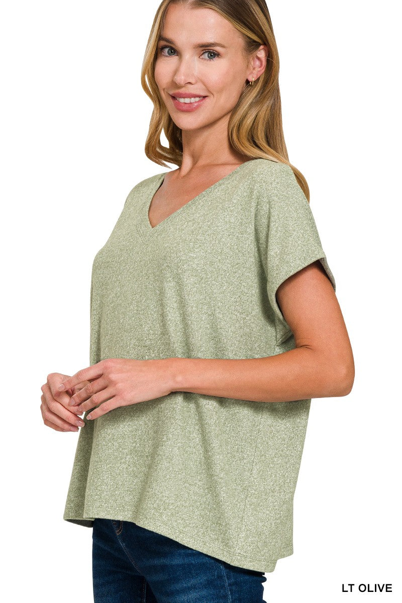 Soft Melange Hacci V-neck Tee - Light Olive