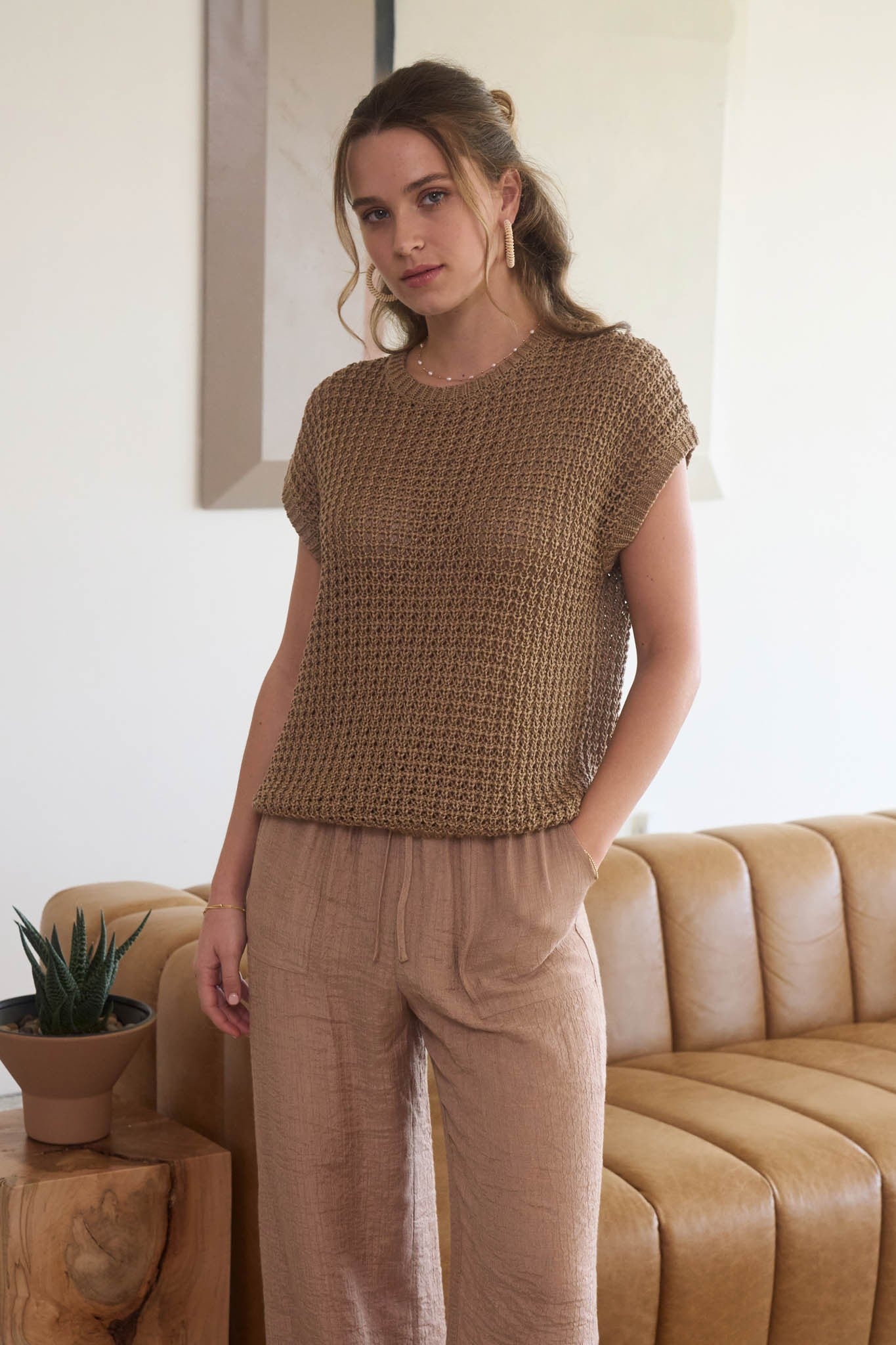 Tan Crochet Knit Short Sleeve Sweater Top