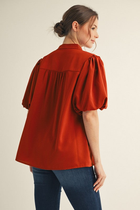 Short Puff Sleeve Mock V-Neck Top - Caramel