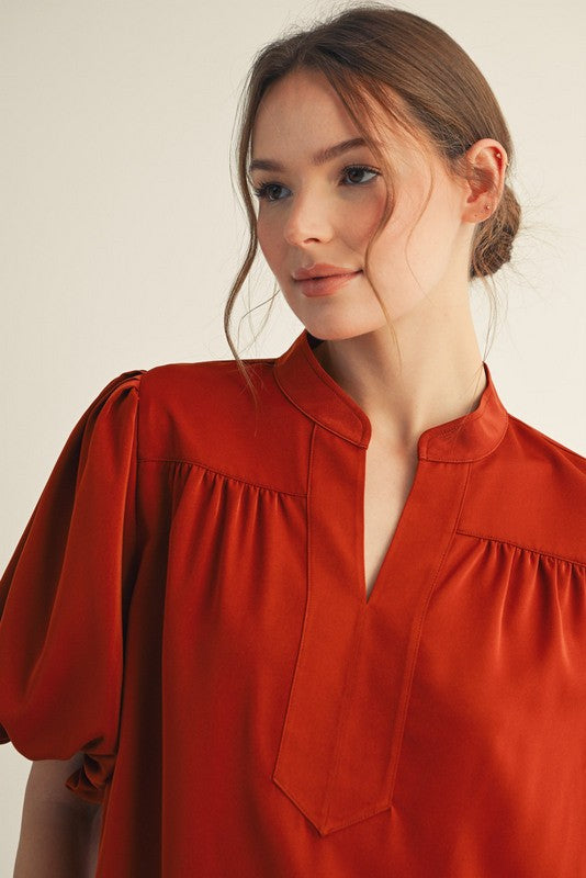 Short Puff Sleeve Mock V-Neck Top - Caramel