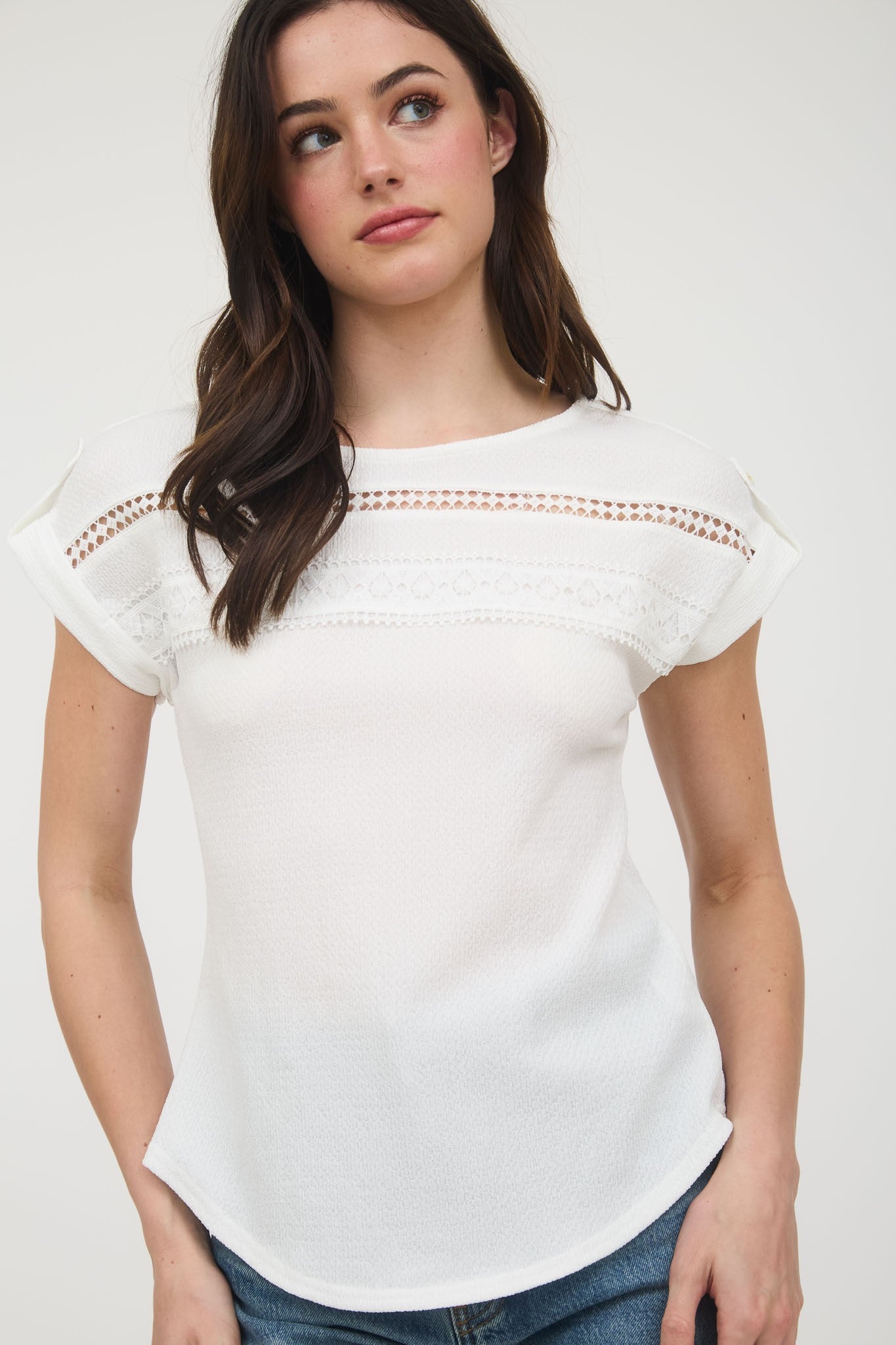 White Lace Trim Crinkle Knit Blouse