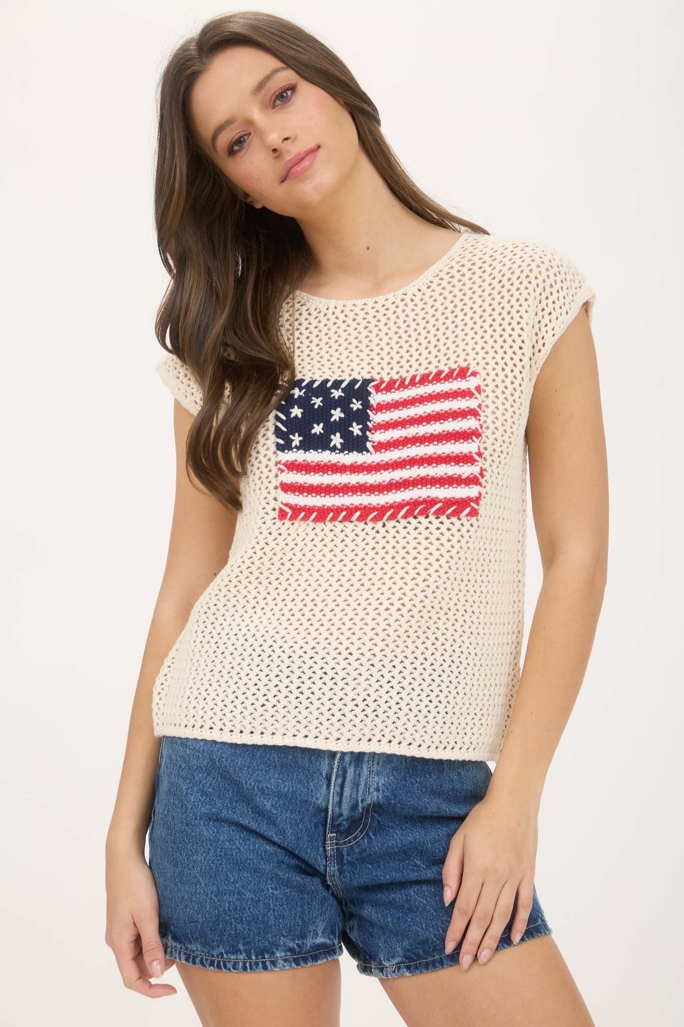 American Flag Crochet Knit Sweater Top