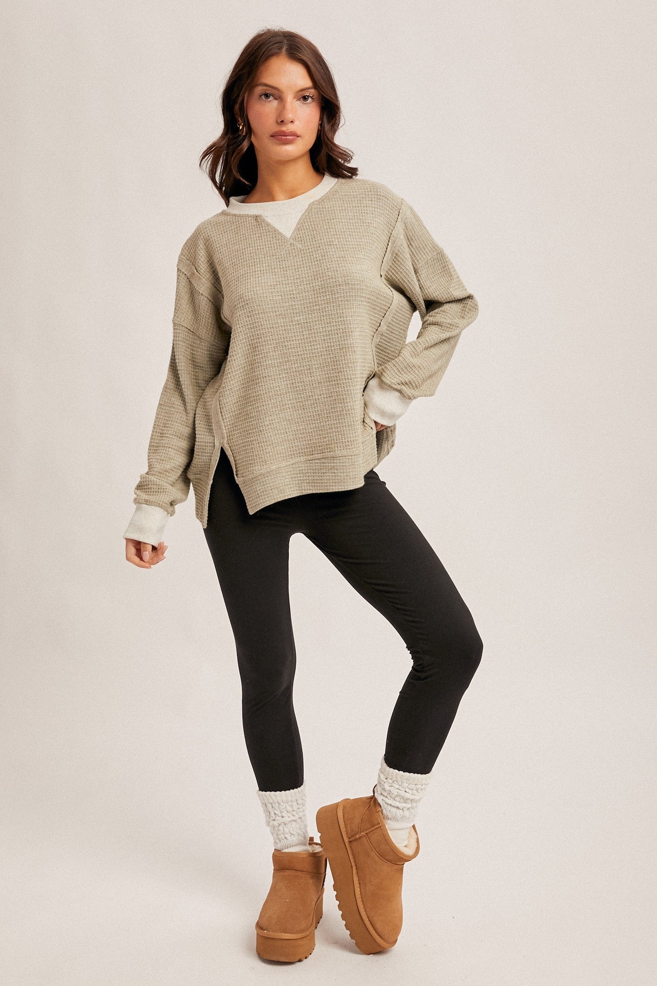 Brush Thermal Crew Neck Oversized Pullover - Olive