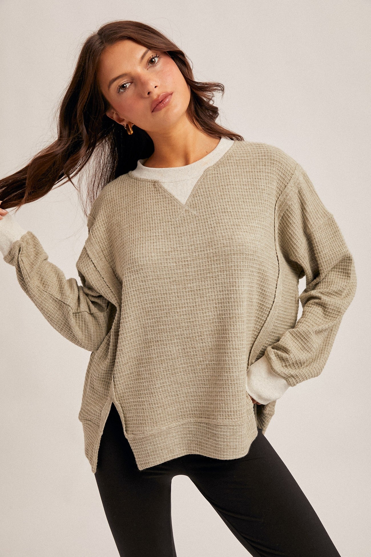 Brush Thermal Crew Neck Oversized Pullover - Olive