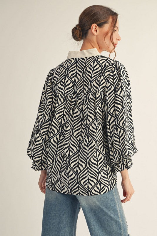 Standing Collared Neck Boho Leaf Print Top - Black