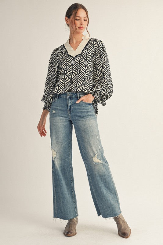 Standing Collared Neck Boho Leaf Print Top - Black