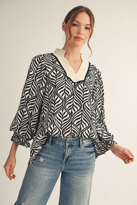 Standing Collared Neck Boho Leaf Print Top - Black