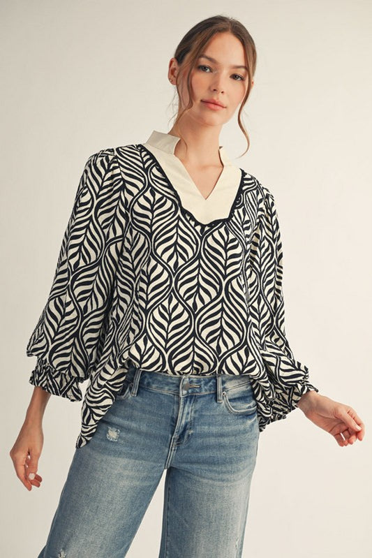 Standing Collared Neck Boho Leaf Print Top - Black