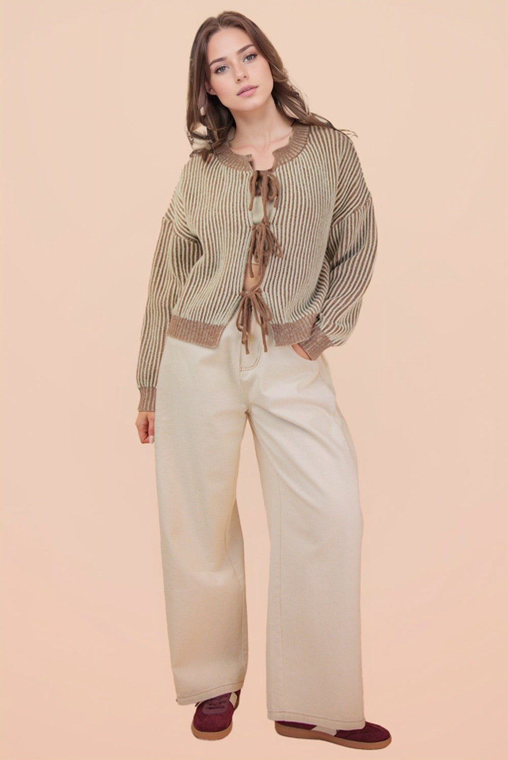 Front Tie Two Tone Knit Cardigan - Mocha