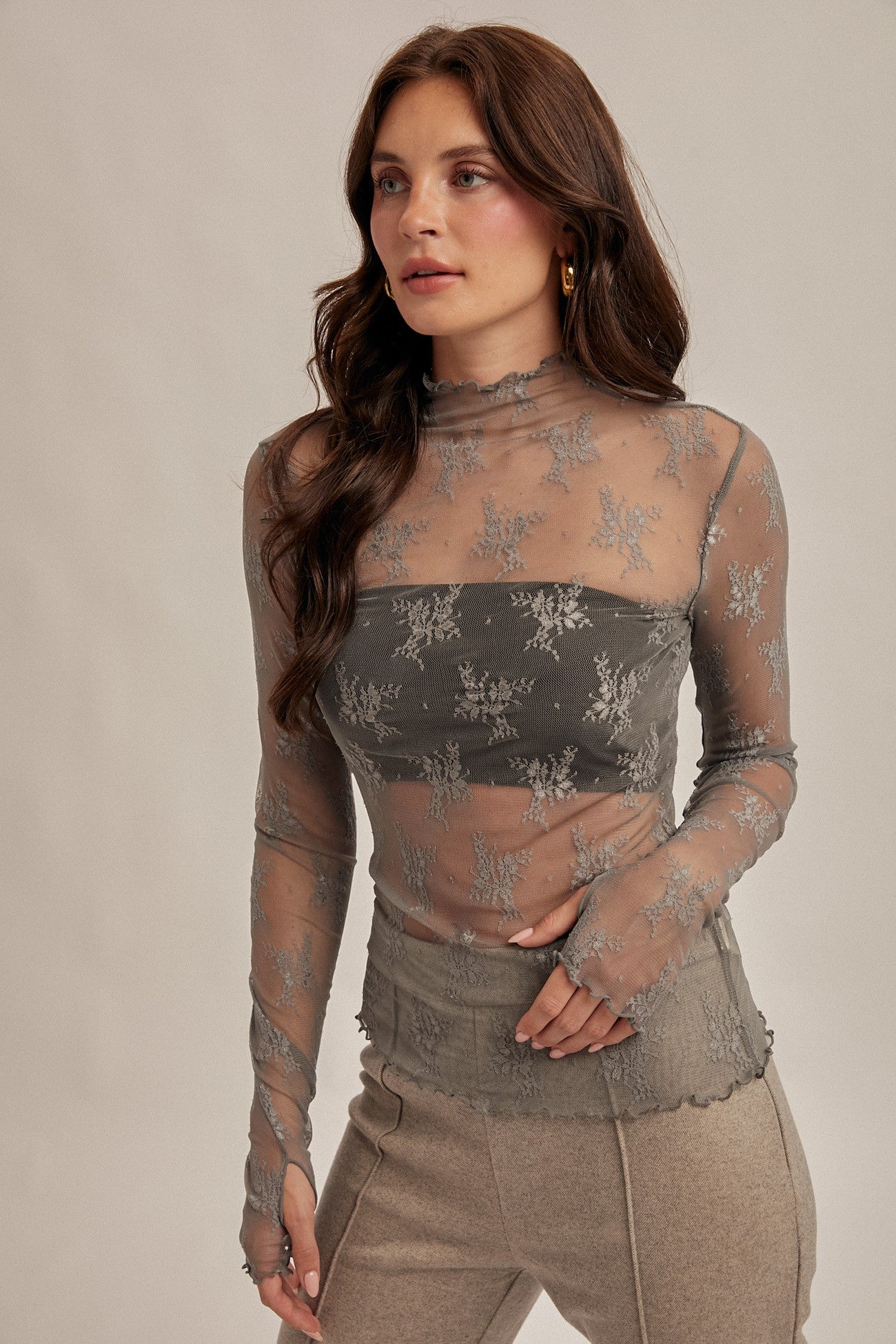 Mock Neck Lace Long Sleeve with Thumb Holes - Slate