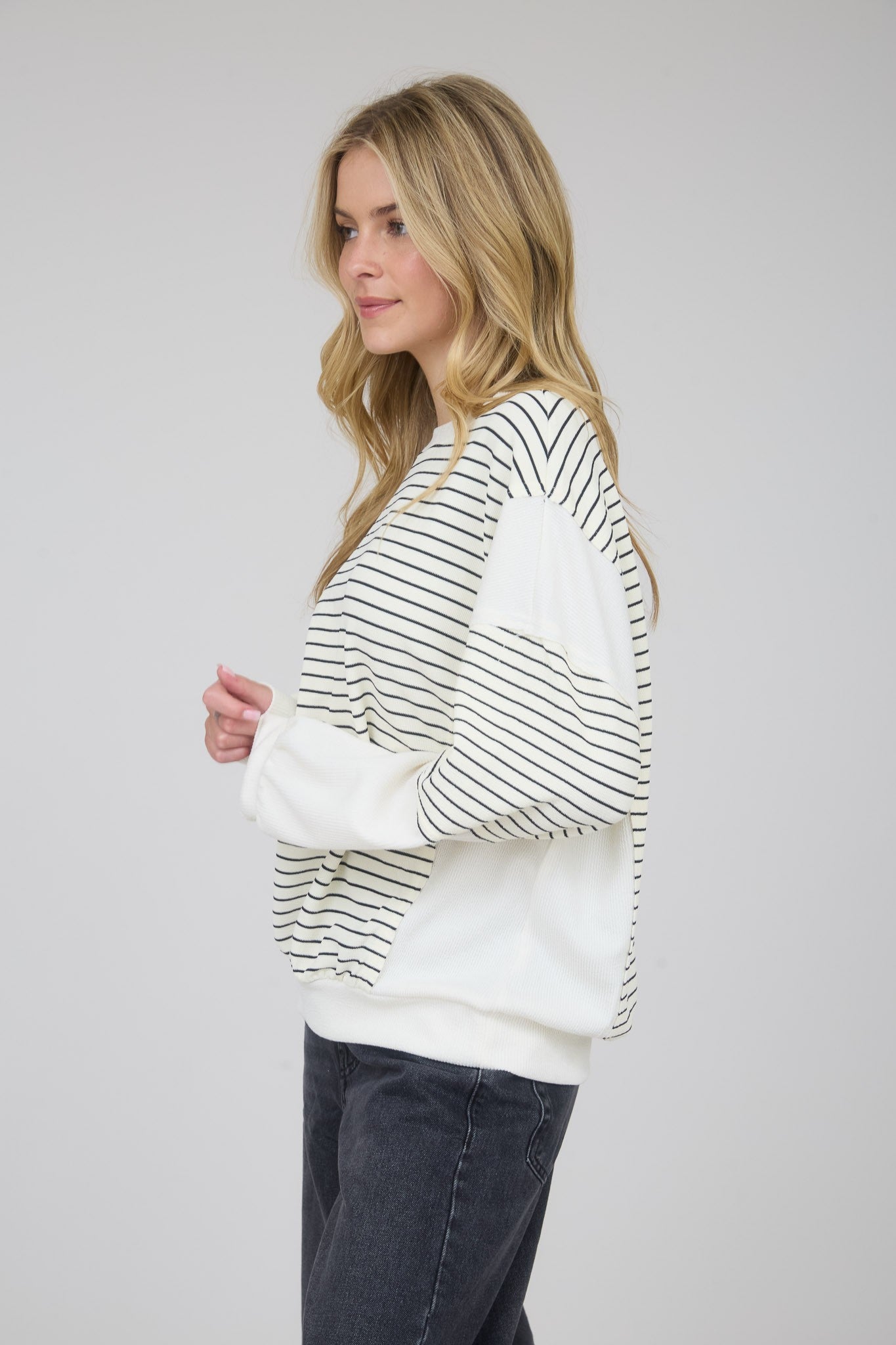 Contrast Stripe Raw Edge Long Sleeve - Ivory
