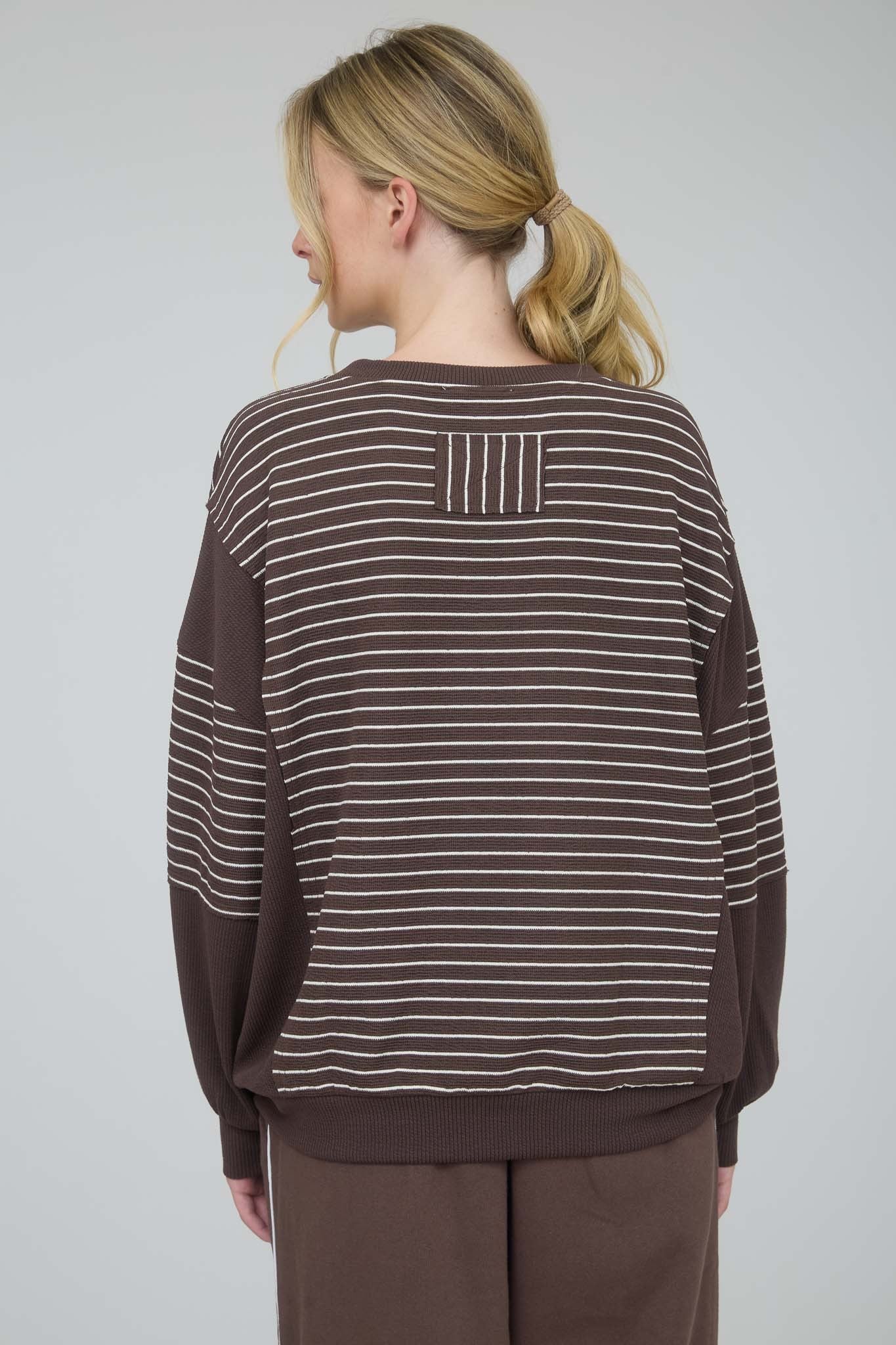 Contrast Stripe Raw Edge Long Sleeve - Brown