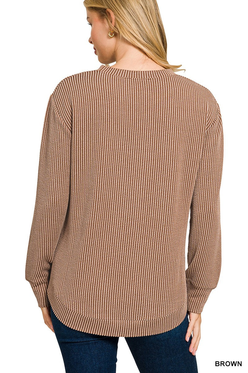 Ribbed Round Neck Long Sleeve - Brown
