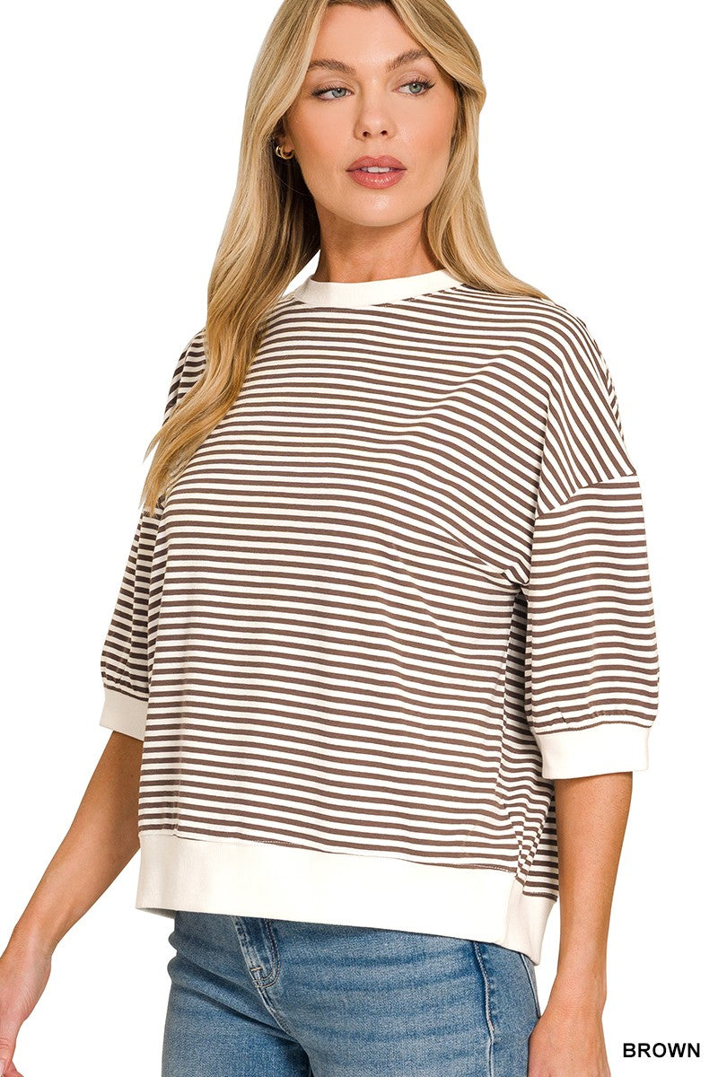 Striped Contrast Trim Rib Banded Top - Brown
