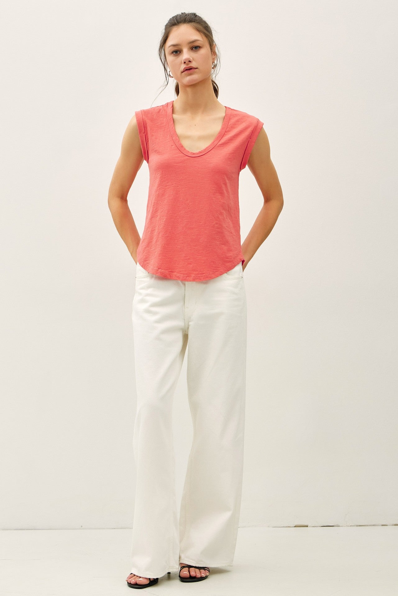 Cap Sleeve Garment Dyed Top - Coral