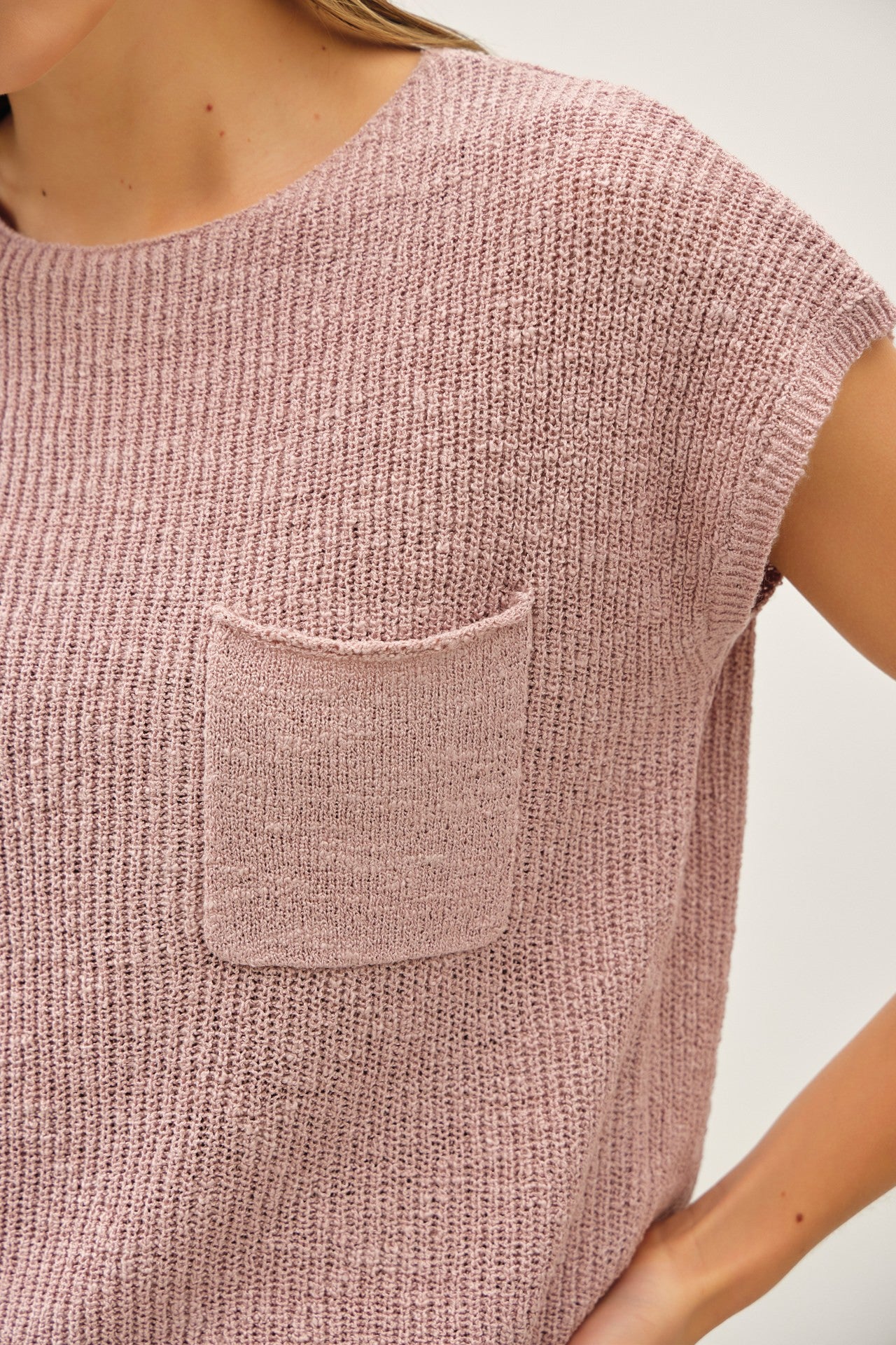 Patch Pocket Dolman Cap Sleeve Boxy Knit Top - Dusty Pink