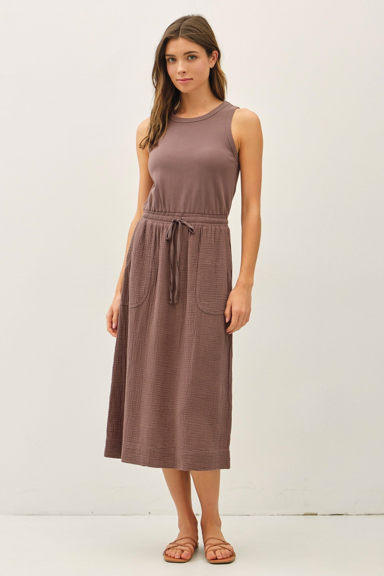 Cotton Ribbed Tank Dress With Gauze Skirt - Choco