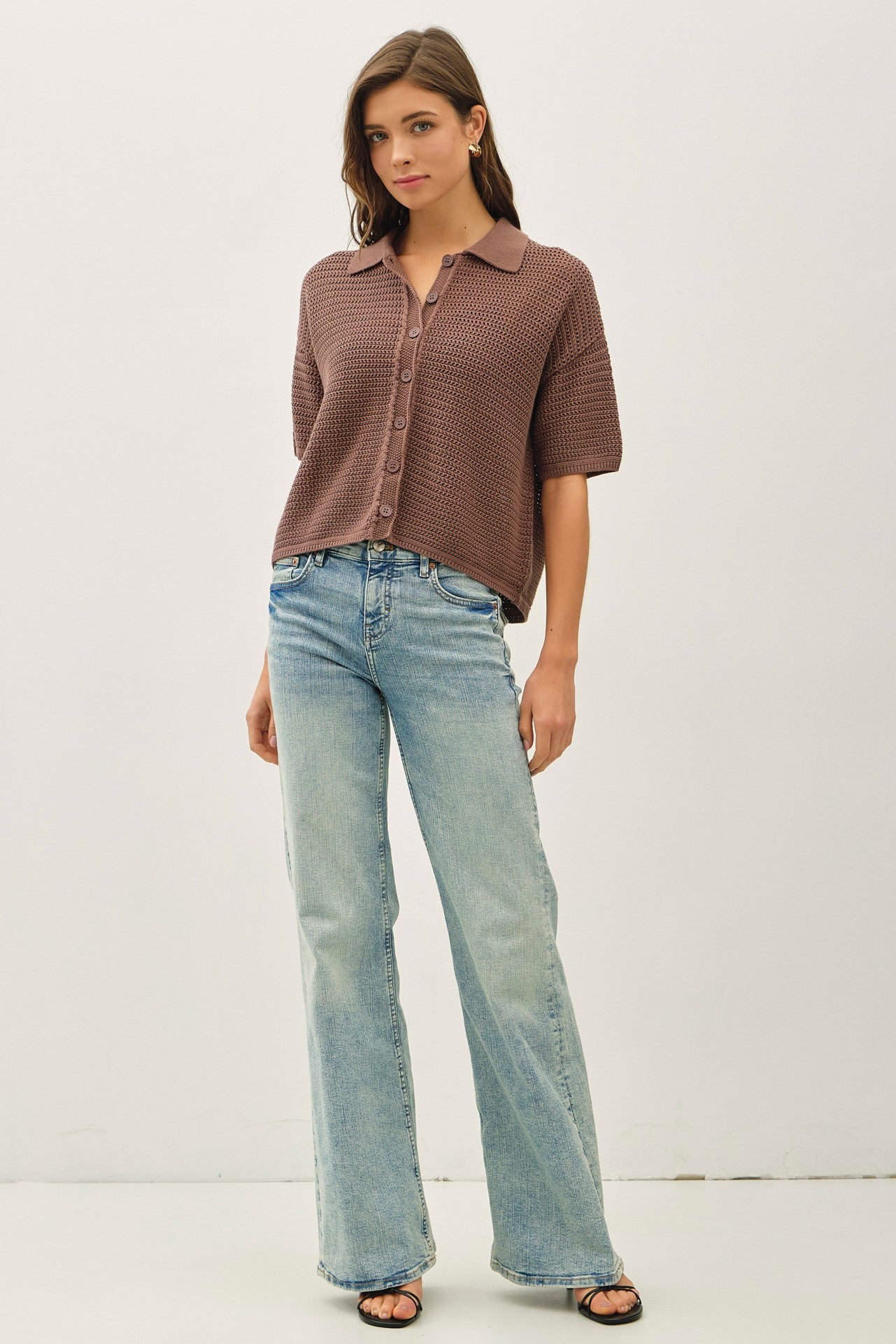 Boxy Crochet Button Up Sweater Shirt - Cocoa