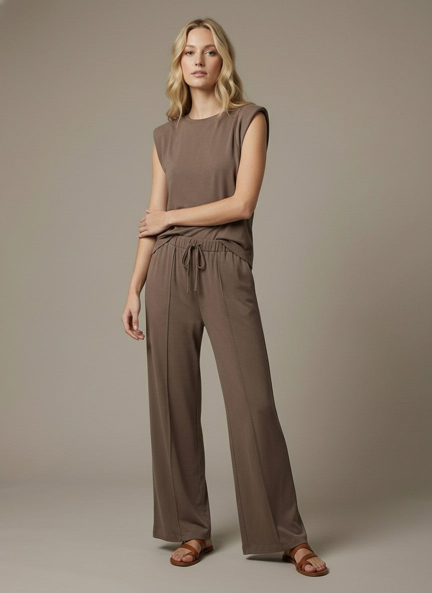 Drawstring Waist Wide-leg Knit Pants - Brown