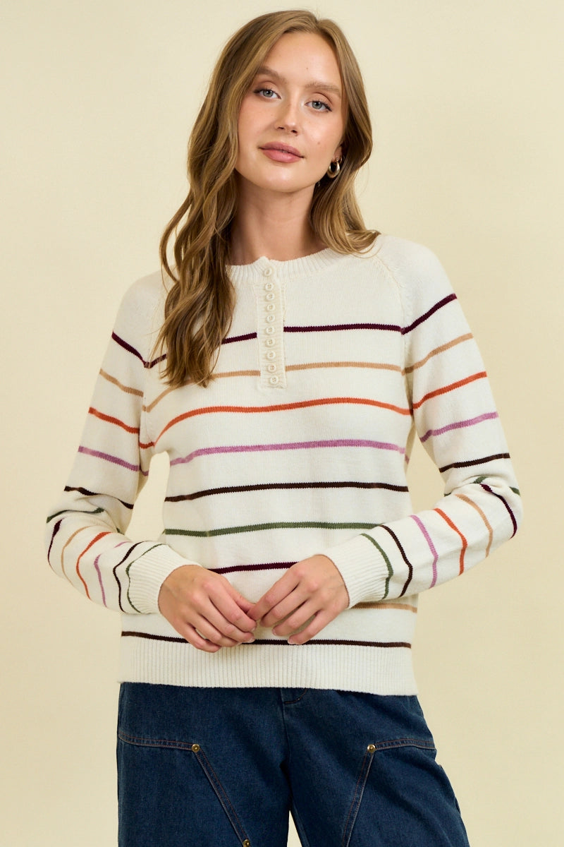 Multi Stripes Button Down Henry Neck Sweater