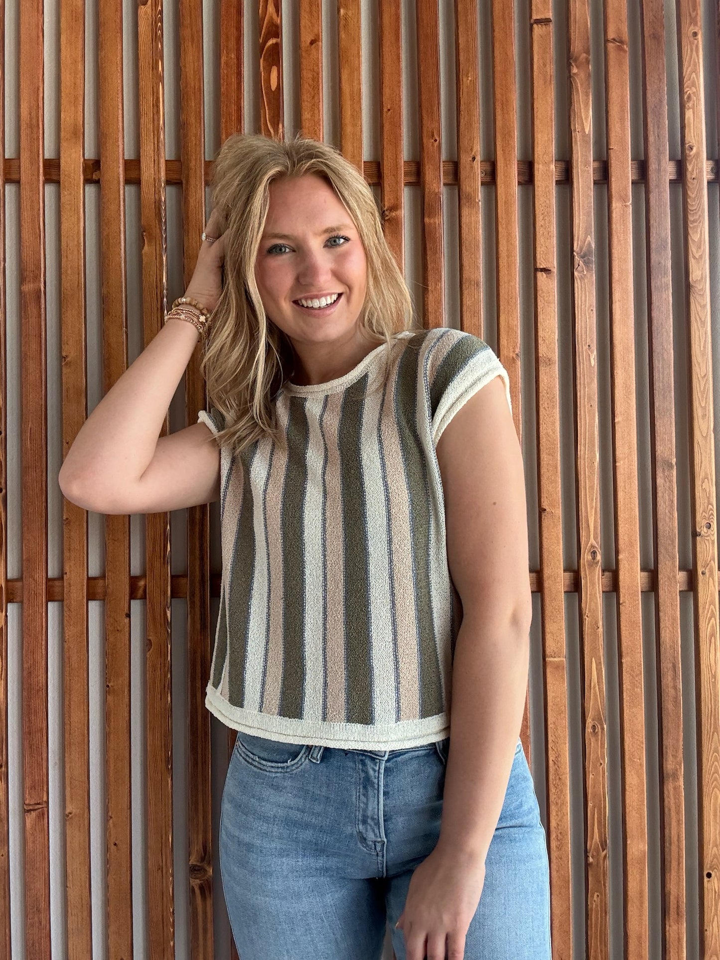 Vertical Stripe Sweater: Olive/Taupe
