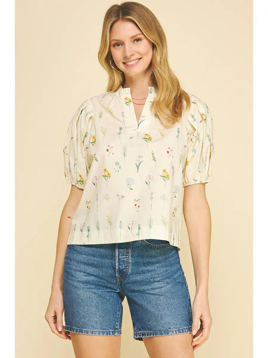 Cream Floral Balloon Sleeve Blouse Top