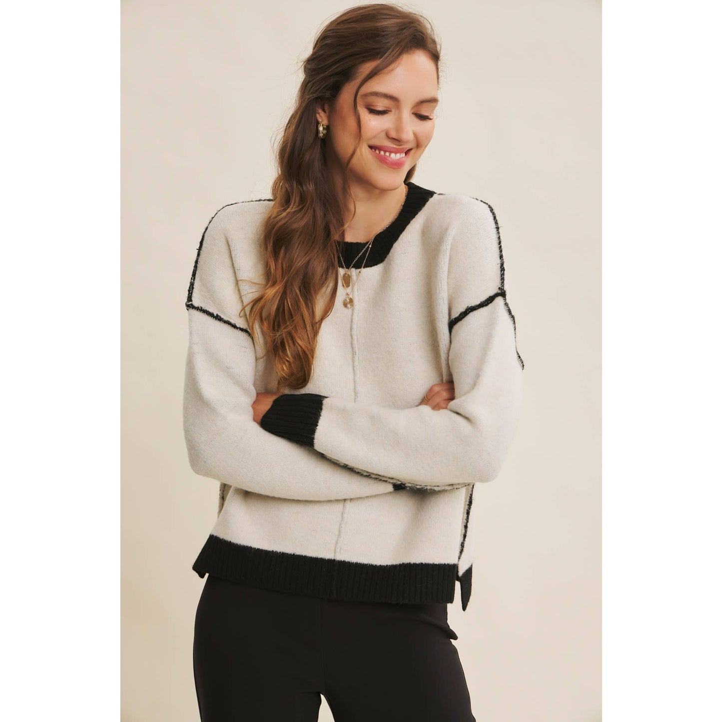 Soft Round Neck and Contrast Detail Sweater - Cream/Black