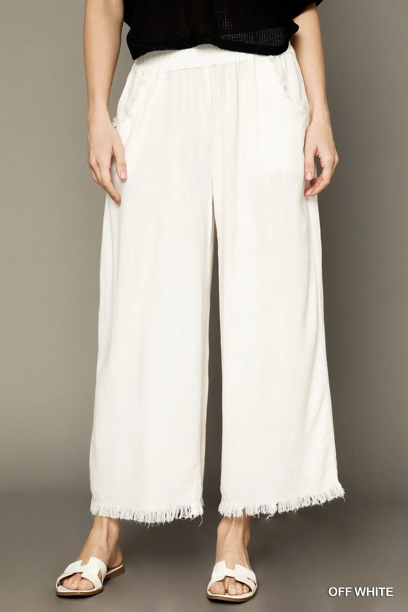 Frayed Hem Wide-Leg Pants - Off White