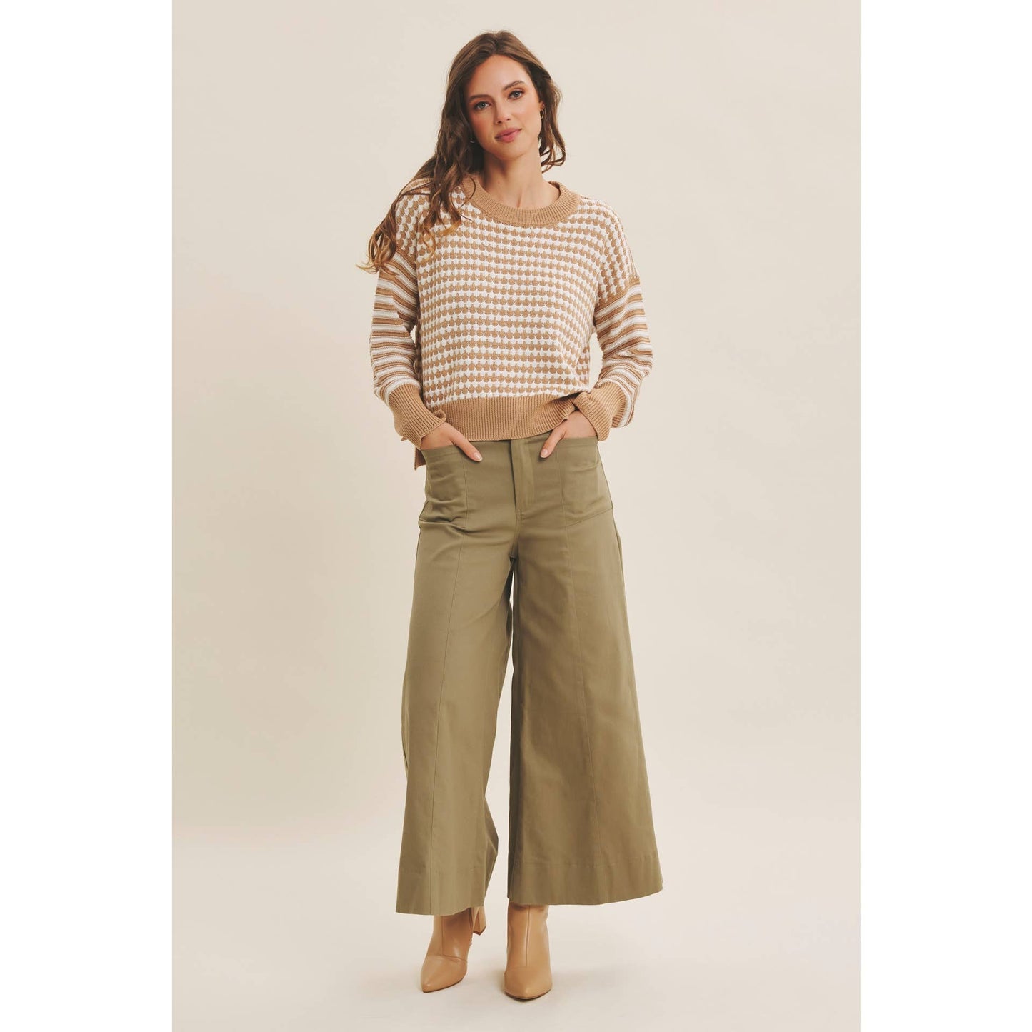 Relaxed Fit Textured Mix Stripe Sweater - Camel